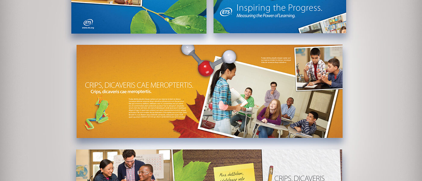 Corporate Brochure Concepts Concepts for a new ETS corporate brochure. One version was a straight 4-color piece focused on a warm personal feel, highlighting the classroom and students. The 2nd  version was a 5-color piece with a more corporate look with a metallic duotone for the background pictures, highlighting the[...]